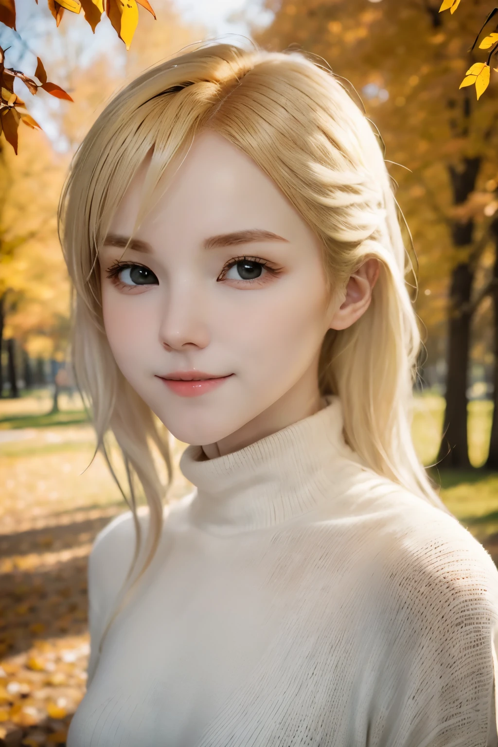 close, portrait, head shot, model shooting style, looking at the viewer, direct eye contact, White-sama, 1 girl, smile, (bleached blonde hair), knit beige turtleneck, autumn park, Depth of bounds written, blurred background, skin details, fine eyes, Warm volumetric lighting, masterpiece, highest quality ,    