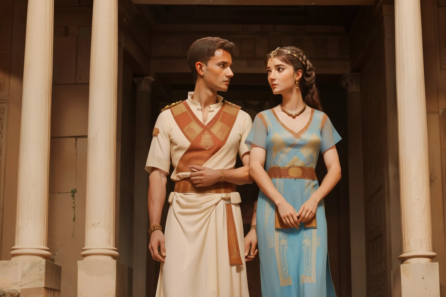 Rome, 77 BC. A young ((((23-year-old)) Gaius Julius Caesar)), standing in the atrium, with his wife Cornelia, thinking about the proposal he just received. ((((casual roman tunic from the 1st century BC)))) ((ancient rome hairstyle))