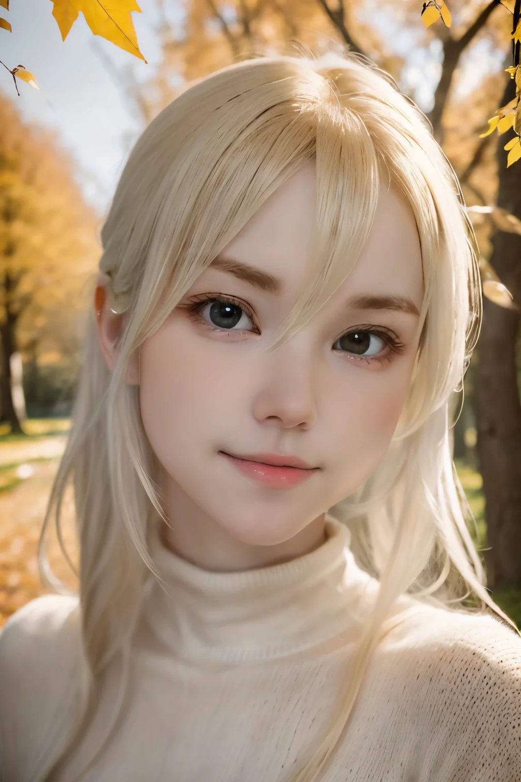 close, portrait, head shot, model shooting style, looking at the viewer, direct eye contact, White-sama, 1 girl, smile, (bleached blonde hair), knit beige turtleneck, autumn park, Depth of bounds written, blurred background, skin details, fine eyes, Warm volumetric lighting, masterpiece, highest quality ,    