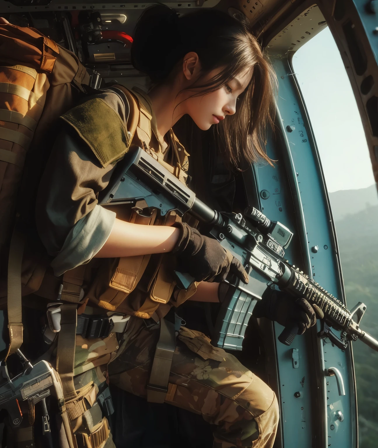 photorealistic、realistic skin texture、automatic rifle、