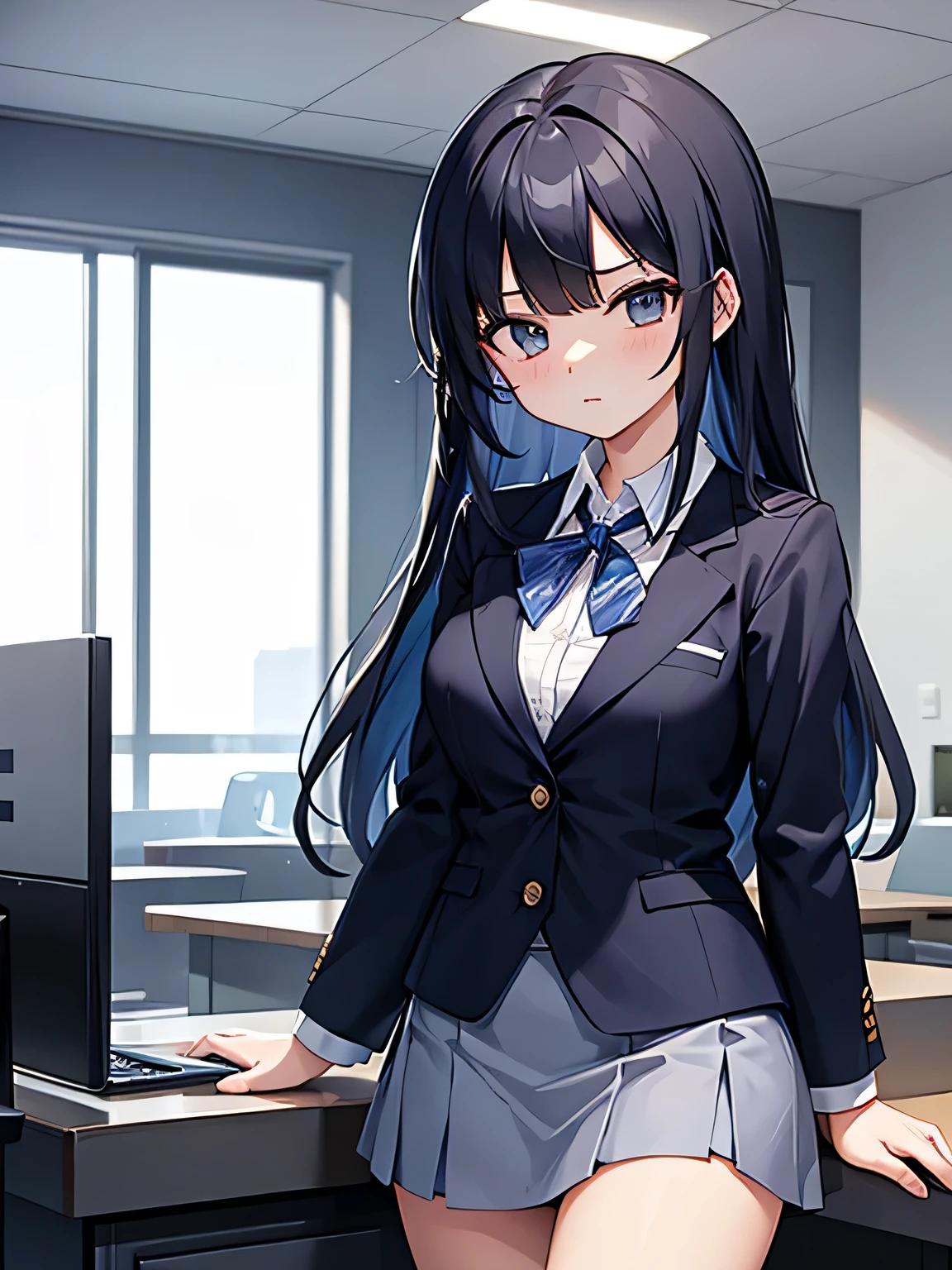 (1) A woman is waiting at the company's reception counter.. (There was only one woman at the reception counter..)
(2) The woman is wearing a light blue blazer and a light blue skirt. she wears a ribbon around her neck. (Blazer buttons must be closed.)
(3) she has long black hair.
(4) her expression is cold and cold.
(5) The location is the company's reception counter..