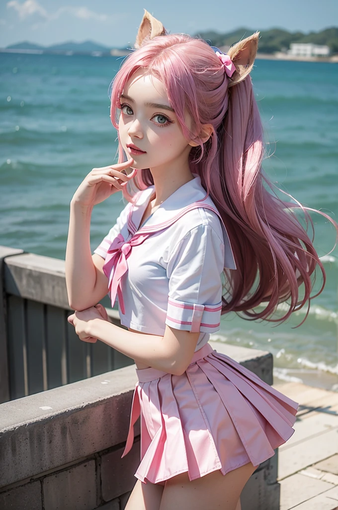 1 pretty female student,Double tail,Colorful hair,flight,White sailor skirt,Pink bow,16-year-old female model,side,