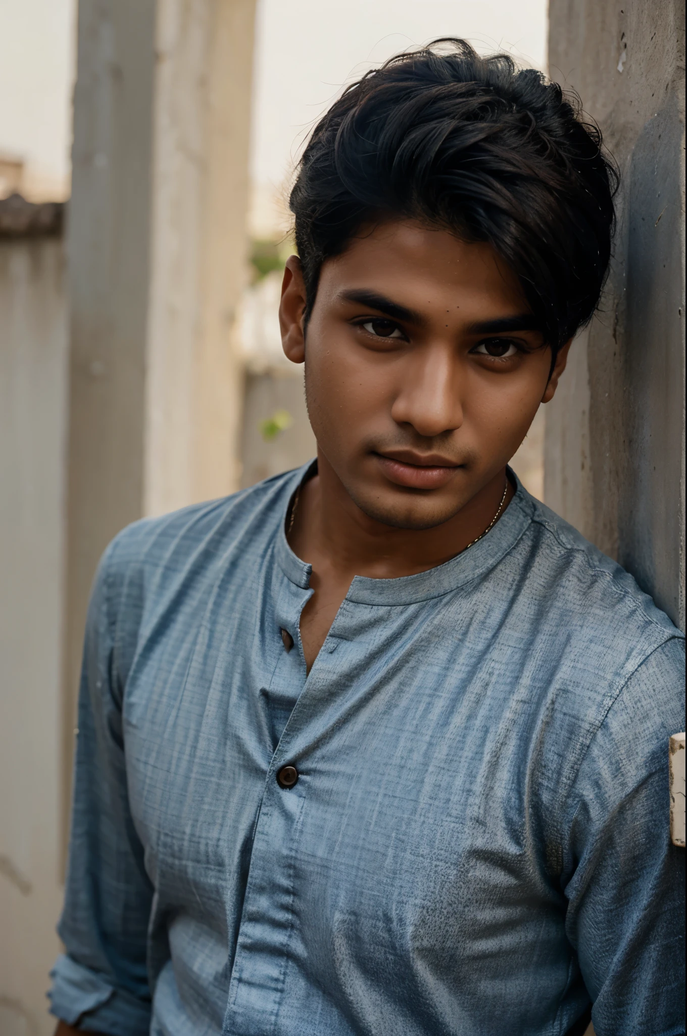 indian model male. age 25.closeup portrait . waring shirt. small hair