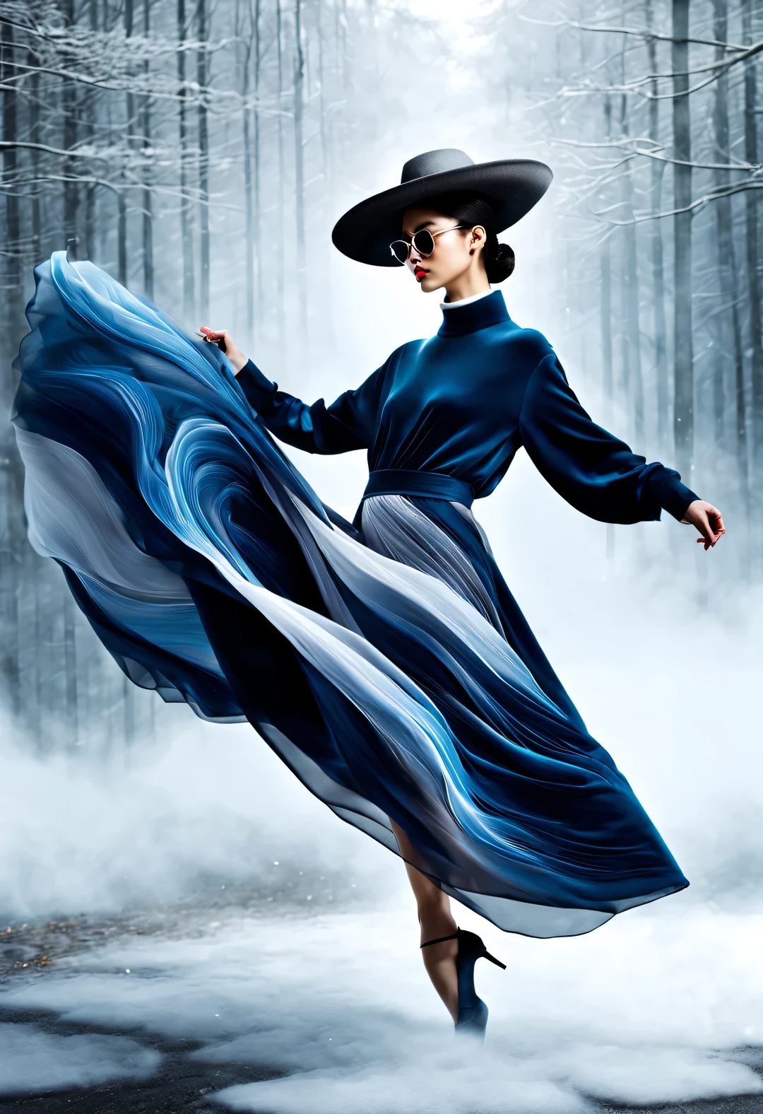 (Modern art dance simple poster design), (Half-length close-up), (Beautiful Chinese girl dancing in the air), (Wearing sunglasses and a hat: 1.2), Mainly cool colors,Presenting the beauty of simplicity and modernity, (Elegant dark blue coat paired with a bright white turtleneck,Exudes a fresh and cold winter atmosphere.) GUI, (briefcase dance: 0.85), Present fashionable style, Wear modern and stylish winter fashion, Girl's skin is fair, flawless and smooth, high nose bridge, Head up posture, sad but beautiful, slender figure, Exquisite facial features, swirling fog illustration, ink painting, black hair, A ball head, proudly, Surrealism, contemporary art photography, action illustration, abstract expressionism, Pixar, depth of field, motion blur, backlight, Fall out, decline, Looking up, Sony FE General Manager, ultra high definition, masterpiece, Accuracy, textured skin, Super details, high detail, high quality, Award-winning, best quality, grade, 16k, Photographed from a bottom-up perspective,