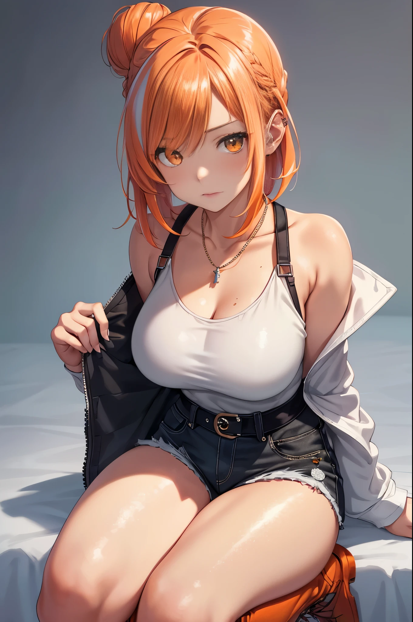 realistic, Beautiful detailed girl, clear and beautiful, Personage as the main perspective, shiny_skin, girl,woman,female, young,20 years old, medium hair, bangs, hair bun, sidelocks, orange hair, beautiful detailed Glass hair, pink streaked hair,beautiful detailed cold face, cold expression, complex details beautiful and delicate eyes, fingernails, medium_breasts, , orange eyes, Authentic skin texture, piercing, necklace, tank_top, short_shorts, knee_boots, bloom, extremely detailed CG unity 8k wallpaper, very fine 8KCG wallpapers, very fine 8K CG wallpaper,watercolor (medium)