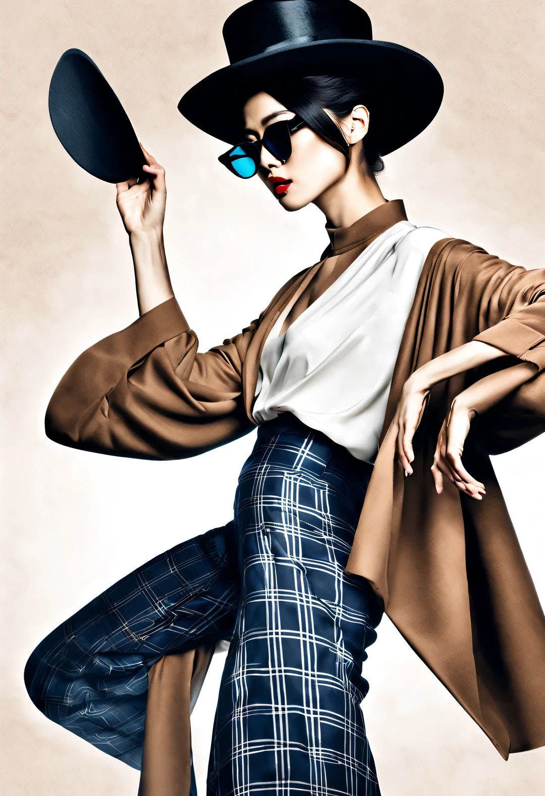 (Modern art dance simple poster design), (Half-length close-up), (Beautiful Chinese girl dancing in the air), (Wearing sunglasses and a hat: 1.2), (Clever use of warm camel and soft ice blue), With rich wool texture and fur elements, Create a warm, timely winter-inspired look, (briefcase dance: 0.85), Wear modern and stylish winter fashion, thin waist, high nose bridge, Head up posture, sad yet beautiful, slender figure, Exquisite facial features, correct finger,
swirling fog illustration, ink painting, black hair, Princess curly long hair, Proud, Surrealism, contemporary art photography, action painting illustration, abstract expressionism, Pixar, depth of field, motion blur, backlight, Fall out, decline, Elevation viewing angle, Sony FE General Manager, ultra high definition, masterpiece, Accuracy, textured skin, Super details, high detail, high quality, Award-winning, best quality, Level, 16k, Shot from a bottom-up perspective,