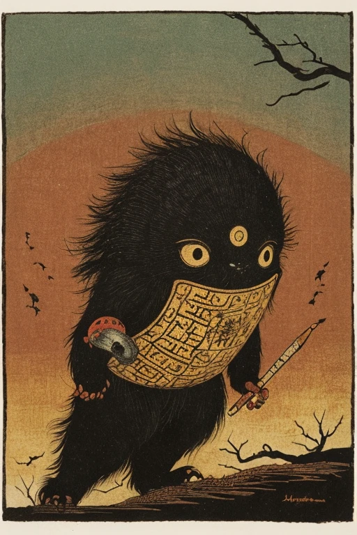 ((jumpscare)), Outline warm color, ((festival)), ((Chojugiga)), ((Shihon Bokuga)), antique, (anthropomorphism), (Sumi-e), Monochrome art, (Old paper style illustration), (hunting paintingural style, Little monster, old performance, variational pointillism, flat illustration, eerie, (horror elements), eerie worldview, (primitive art), Outline warm color, old picture scroll style, old staging, Ancient mural style
