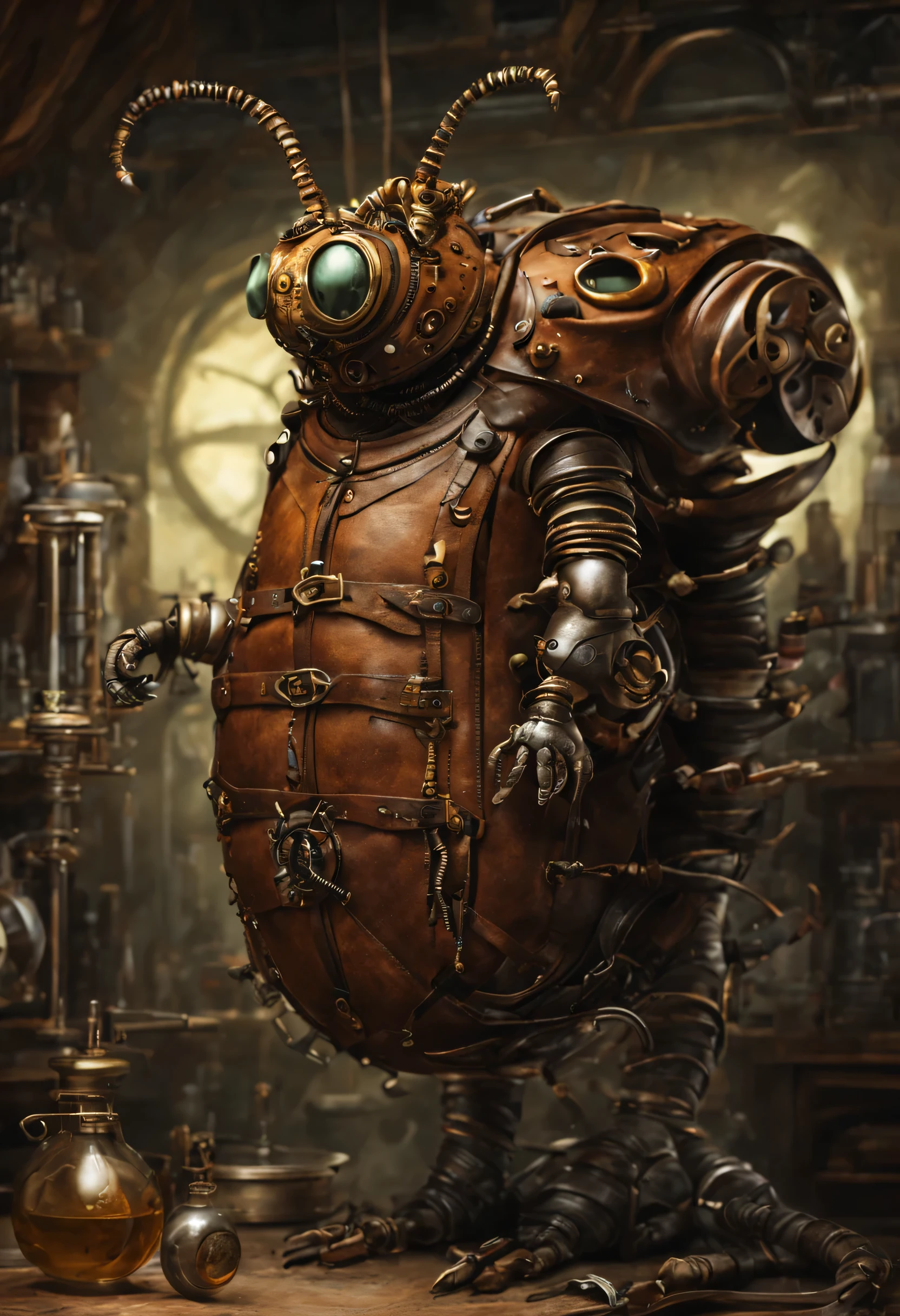 steampunc, High quality, highest detail, huge ((Caterpillar)) stands on its hind legs, he wears leather belts , he is a surgeon, in his ((laboratory.))