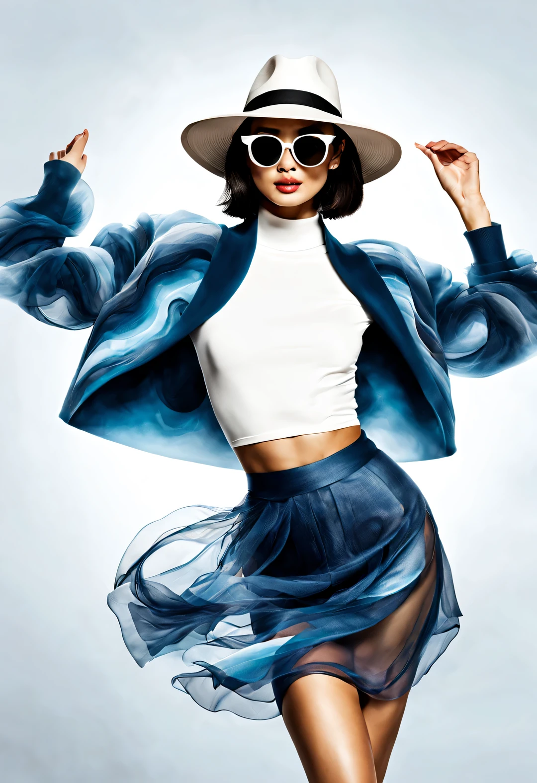 (Modern art dance simple poster design), (Half-length close-up), (Beautiful Chinese girl dancing in the air), (Wear modern fashionable winter fashion: 0.8), (Wearing sunglasses and top hat: 1.2), Camel coat with blue plaid shirt, Show academic elegance, Presenting classic and fashionable European style. Girl fair and flawless smooth skin, high nose bridge, And the posture of looking up is sad and beautiful, slim body, Exquisite facial features, swirling fog illustration, ink painting, black hair, a ball head, Proud, Surrealism, contemporary art photography, action painting illustration, abstract expressionism, Pixar, depth of field, motion blur, backlight, Fall out, decline, Elevation viewing angle, Sony FE General Manager, ultra high definition, masterpiece, Accuracy, textured skin, Super details, high detail, high quality, Award-winning, best quality, Level, 16k, Shot from a bottom-up perspective,