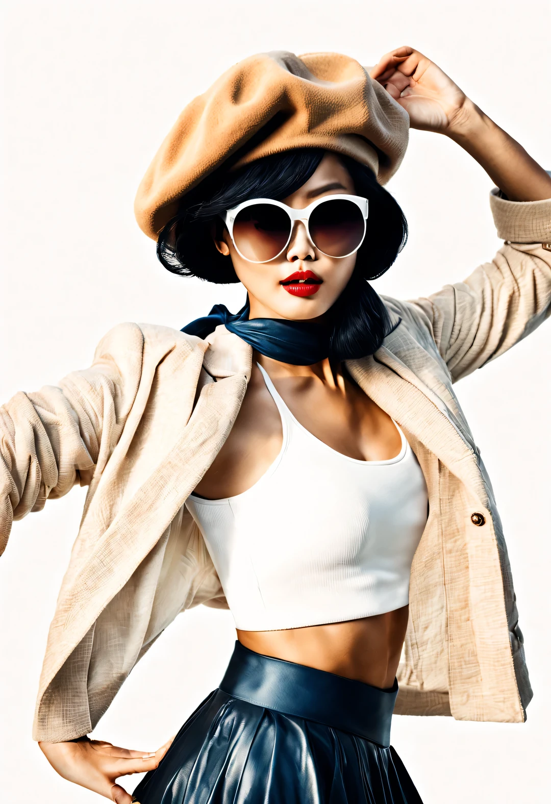 (Modern art dance simple poster design), (Half-length close-up), (Beautiful Chinese girl dancing in the air), (Wear modern and trendy winter fashion: 0.8), (Put on sunglasses and beret: 1.2), Camel coat with blue plaid shirt, Show academic style, Presenting fashionable European style, Girl&#39;s skin is fair, flawless and smooth, high nose bridge, Head up posture, sad but beautiful, slim, Exquisite facial features, swirling fog illustration, ink painting, black hair, A ball head, proudly, Surrealism, contemporary art photography, action illustration, abstract expressionism, Pixar, depth of field, motion blur, backlight, Fall out, decline, Looking up, Sony FE General Manager, ultra high definition, masterpiece, Accuracy, textured skin, Super details, high detail, high quality, Award-winning, best quality, grade, 16k, Photographed from a bottom-up perspective,