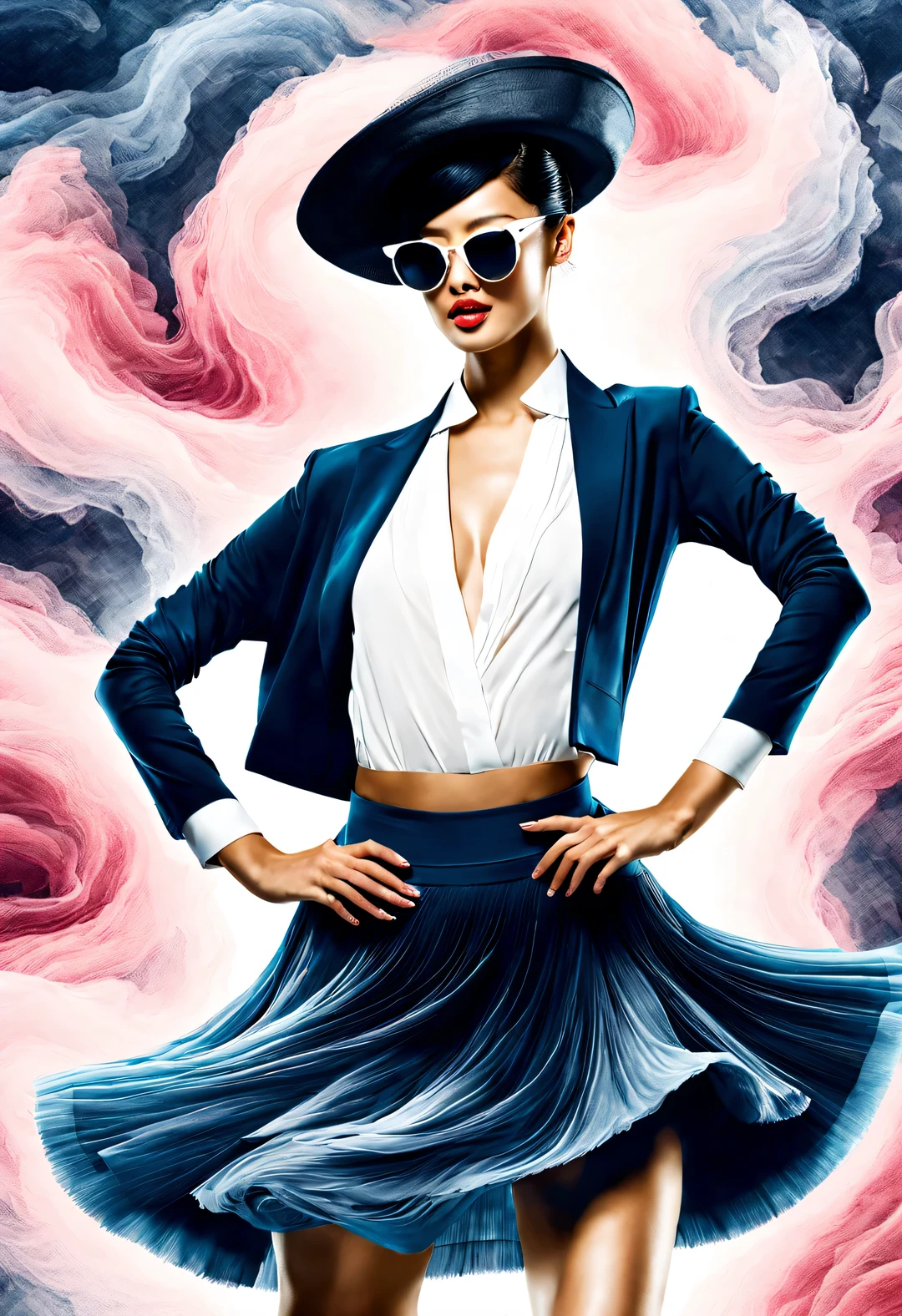 (Modern art dance simple poster design), (Half-length close-up), (Beautiful Chinese girl dancing in the air), (Wearing sunglasses and a hat: 1.2), (Soft pink contrasts with deep navy), Show the warmth and depth of winter, Both fashionable and with a touch of gentle feminine charm. Wear modern and stylish winter fashion, slim waist, high nose bridge, Head up posture, sad but beautiful, slim figure, Exquisite facial features, correct finger, background: briefcase dance, swirling fog illustration, ink painting, black hair, double buns hairstyle, proudly, Surrealism, contemporary art photography, action illustration, abstract expressionism, Pixar, depth of field, motion blur, backlight, Falling shadows, Vignetting, Looking up, Sony FE General Manager, ultra high definition, masterpiece, Accuracy, textured skin, Super details, high detail, high quality, Award-winning, best quality, grade, 16k, Photographed from a bottom-up perspective,