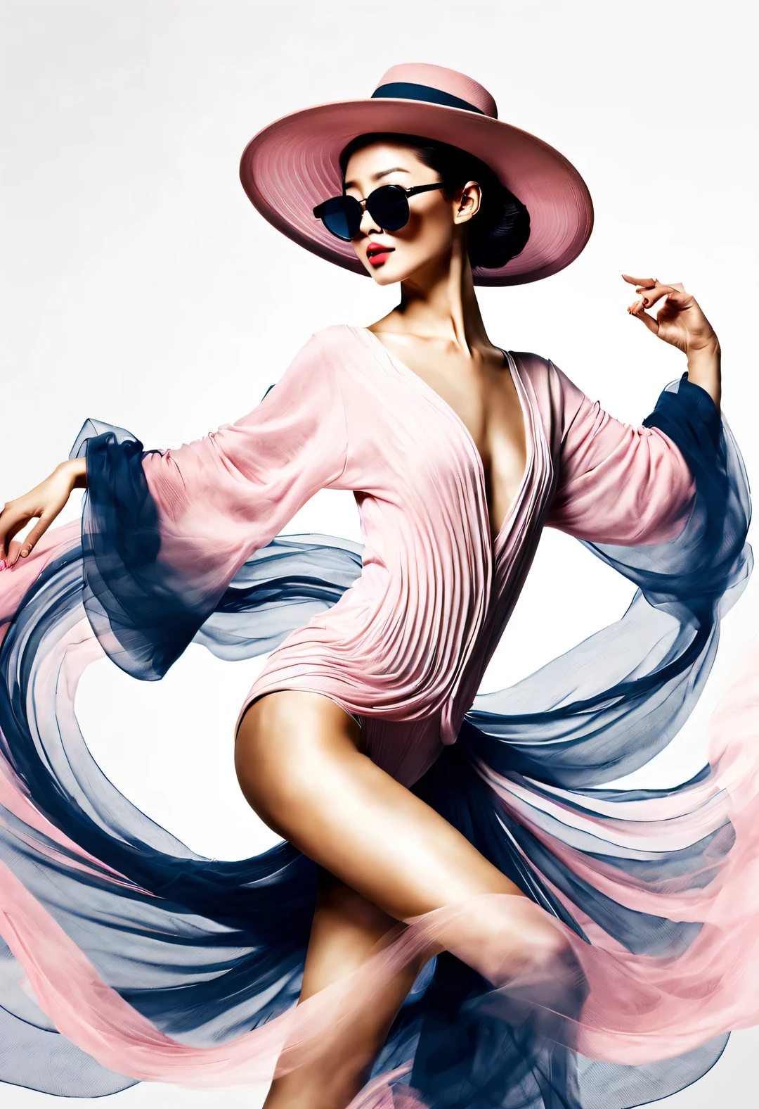 (Modern art dance simple poster design), (Half-length close-up), (Beautiful Chinese girl dancing in the air), (Wearing sunglasses and a hat: 1.2), (Soft pink contrasts with deep navy), Show the warmth and depth of winter, Both fashionable and with a touch of gentle feminine charm. Wear modern and stylish winter fashion, slim waist, high nose bridge, Head up posture, sad but beautiful, slim figure, Exquisite facial features, correct finger, background: briefcase dance, swirling fog illustration, ink painting, black hair, double buns hairstyle, proudly, Surrealism, contemporary art photography, action illustration, abstract expressionism, Pixar, depth of field, motion blur, backlight, Falling shadows, Vignetting, Looking up, Sony FE General Manager, ultra high definition, masterpiece, Accuracy, textured skin, Super details, high detail, high quality, Award-winning, best quality, grade, 16k, Photographed from a bottom-up perspective,