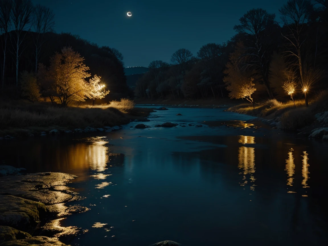 A flowing river under the moonlight, reflecting the serene beauty of the night. Water shimmers and glows with the moon's gentle touch, creating a tranquil and ethereal atmosphere. The moon is vividly detailed, casting a soft, golden glow over the scene. The river surface is rendered with ultra-detailed ripples and subtle waves, adding a sense of motion and life to the composition. The reflection of the moon on the water is realistically depicted, capturing the shimmering light and creating a mesmerizing effect. The overall image quality is of the highest standard, with a resolution of 4k. The color palette is dominated by cool blues and silvery tones, creating a calming and harmonious visual experience. The lighting is softly diffused, as if the moon itself is radiating a gentle glow, casting delicate shadows on the riverbank. The scene is devoid of any human presence, allowing for a sense of serenity and solitude. The artist has employed a painterly style, reminiscent of traditional landscape paintings, to capture the beauty of this tranquil moonlit river landscape.