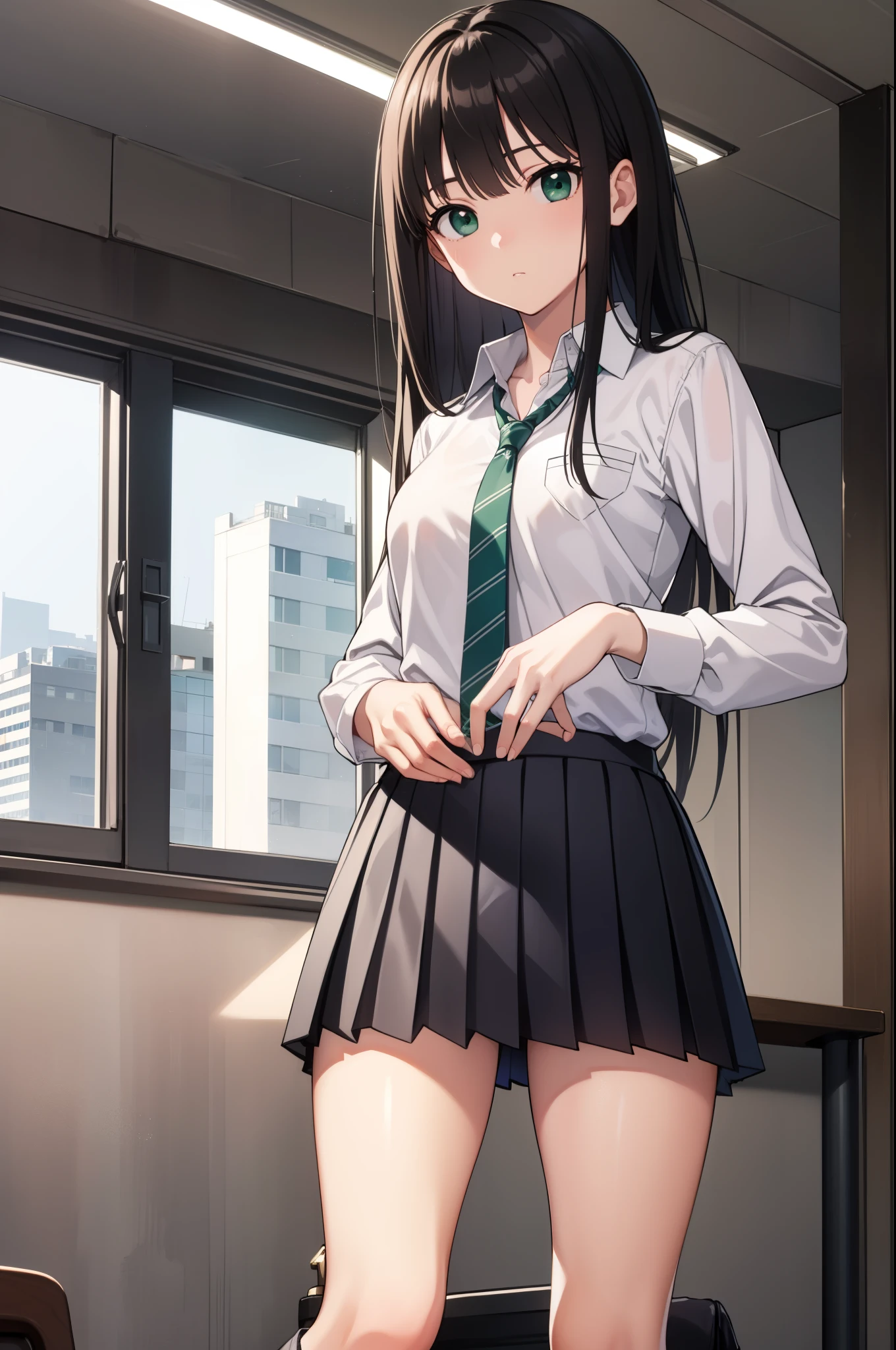 Shibuya, Shibuya 凛, black hair, (green eyes:1.5), long hair,
break black skirt, black socks, collared shirt, green tie, knee high, long sleeve, miniskirt, tie, pleated skirt, school uniform, shirt, skirt, socks, striped, striped tie, white shirt, wing collar,
break indoors, classroom,
break looking at viewer,
break (masterpiece:1.2), highest quality, High resolution, unity 8k wallpaper, (figure:0.8), (beautiful and fine eyes:1.6), highly detailed face, perfect lighting, Very detailed CG, (perfect hands, perfect anatomy),