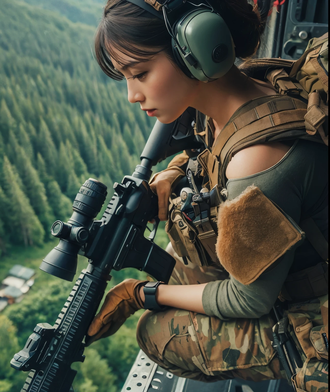 photorealistic、realistic skin texture、automatic rifle、