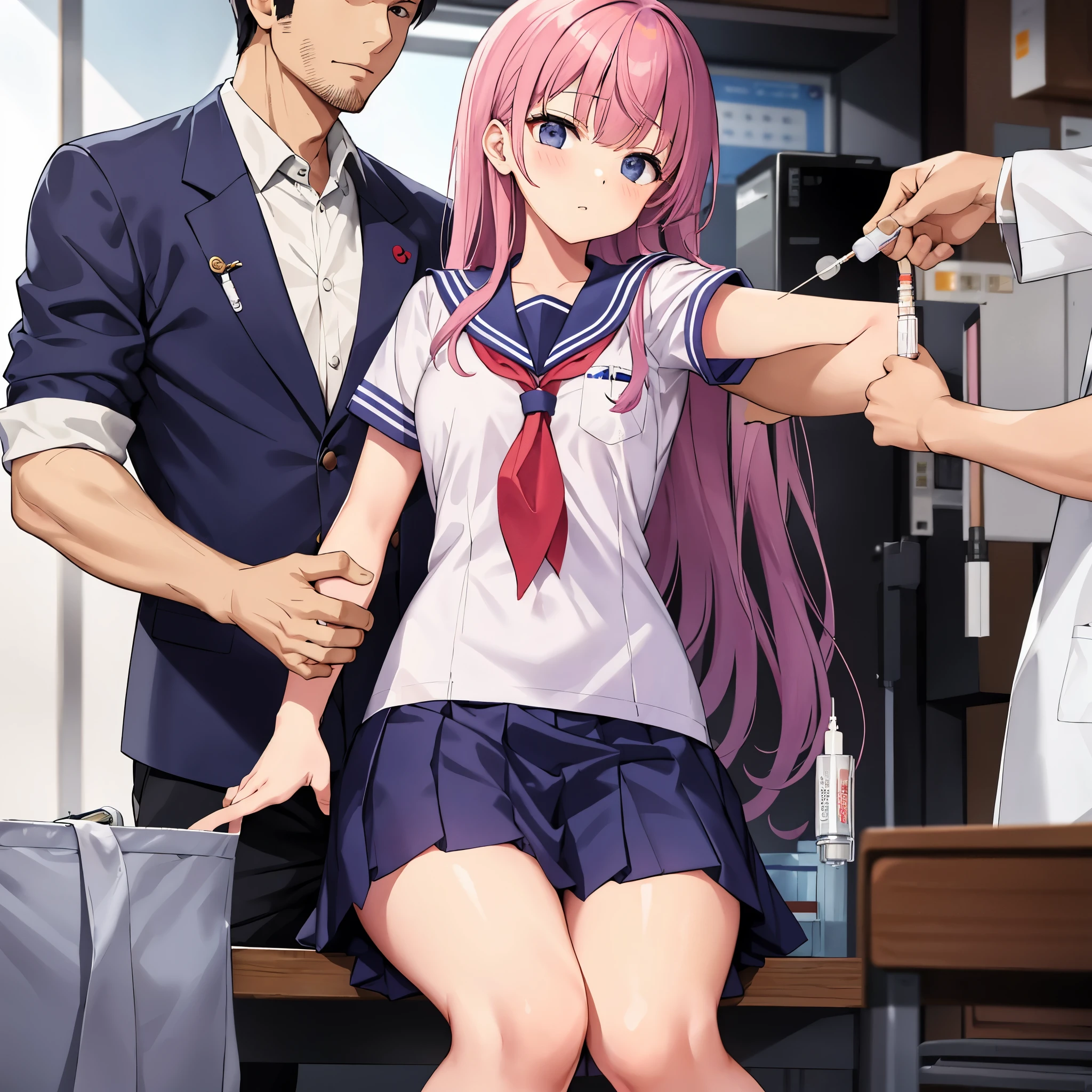 High school girl in a sailor suit receiving vaccination、a man grabs your arm、Take the syringe and stick it into your upper arm.。.