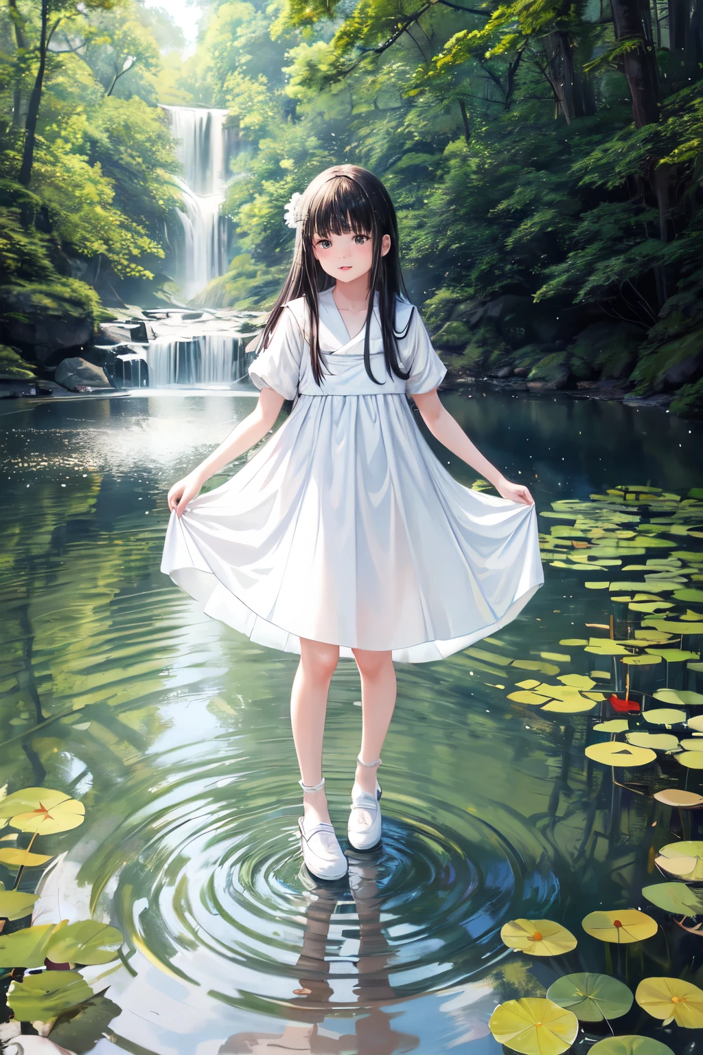 a beautiful girl in a white dress standing in a pond of water, 1girl, solo, dress, long hair, white dress, outdoors, black hair, standing, white footwear, brown eyes, full body, water, short sleeves, bangs, shoes
((kiddie, JC,littlegirl,kodomo))