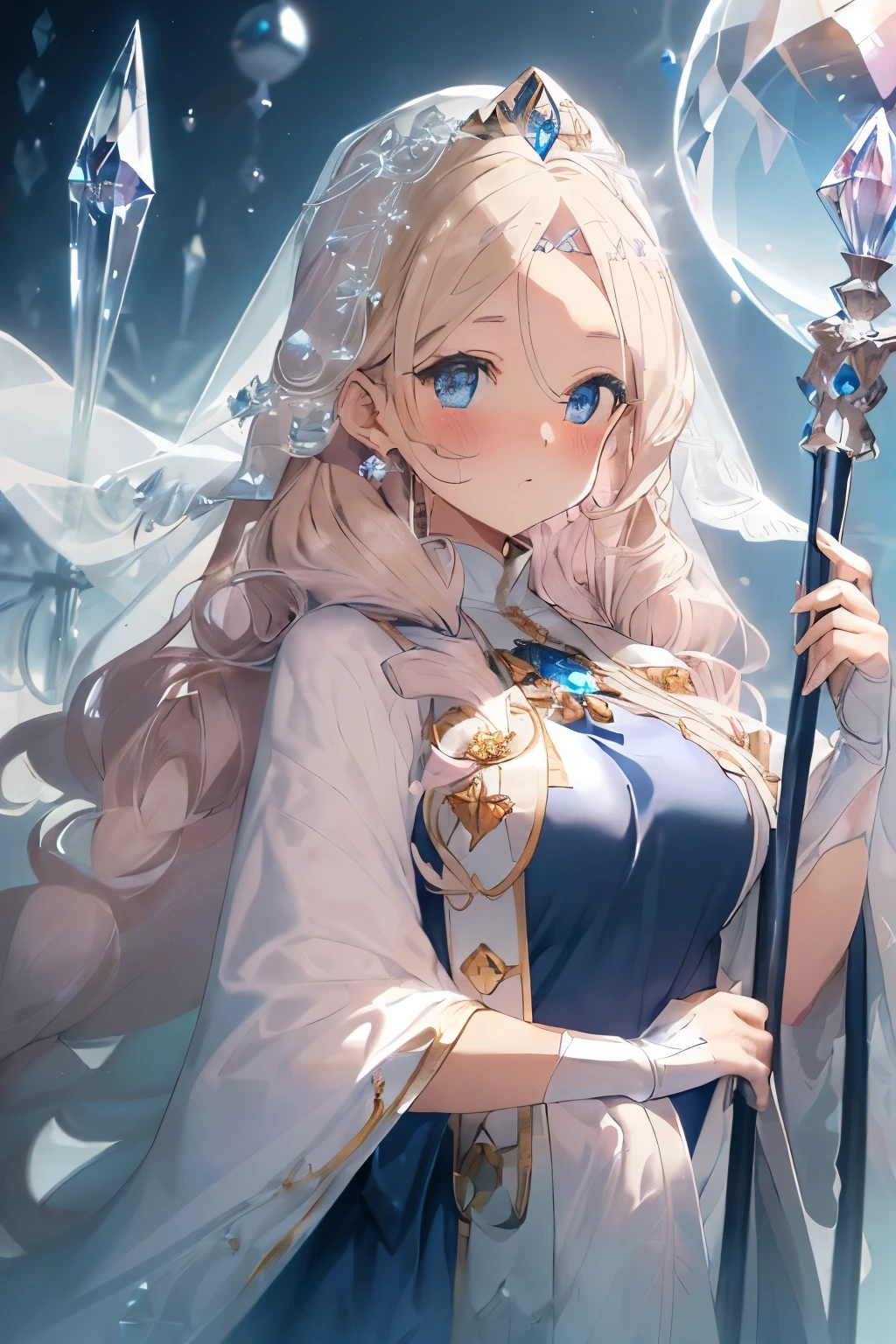 (blonde:1.2),(long hair with curls:1.25),(No bangs:1.25),(A crystal-like clear round gem in the middle of the forehead:1.4),(light pink and blue eyes:1.25),(clergyman:1.3),(White, light blue, blue, and navy blue monastic robes:1.3),(hat with a veil:1.25),(A long cane as tall as one&#39;s height:1.45),(Wand:1.35),(The tip of the cane has an oversized sphere attached to it.:1.35),(clutching a cane:1.4),(blush:1.2),(small breasts:1.45),