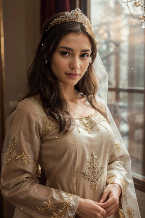 (best quality, 4k, highres, masterpiece:1.2), HDR, portrait, oil painting, winter-themed, traditional costume, delicate and intricate embroidery, sparkling tiara, confident expression, elegant pose, gentle smile, snowflakes floating in the air, soft natural lighting, subtle shadows, rich texture, fine brushwork, smooth and lifelike skin tones, vibrant red and gold accents, serene atmosphere, timeless beauty, captivating gaze, exquisite craftsmanship