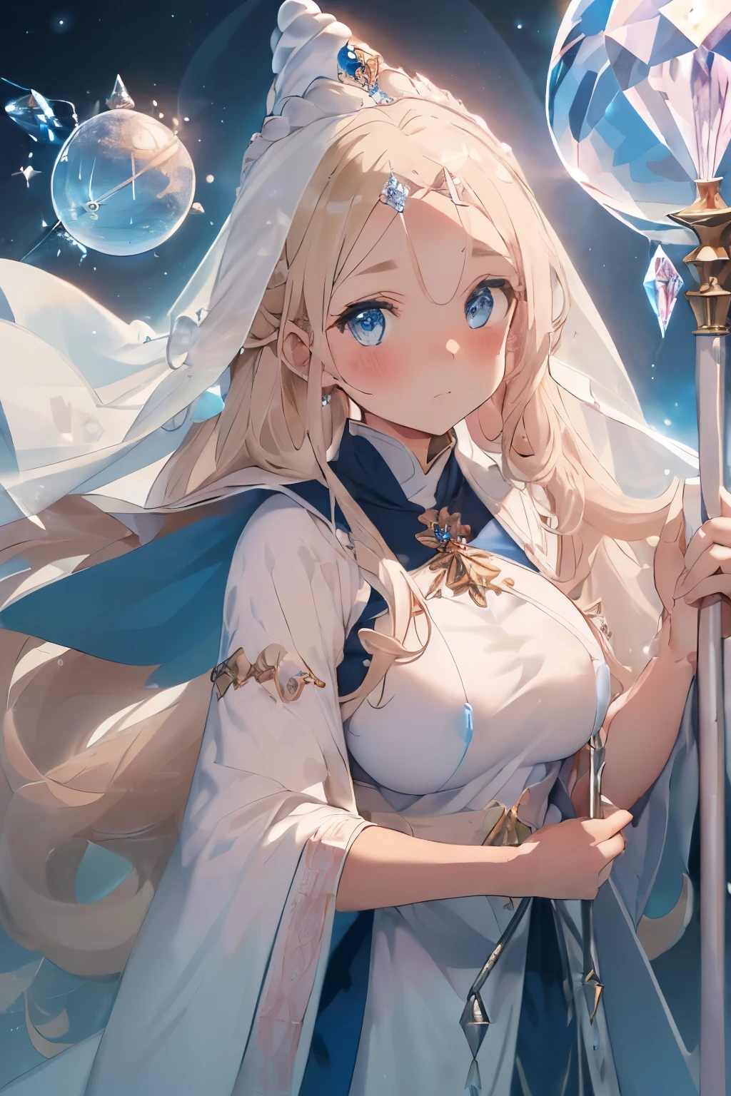 (blonde:1.2),(long hair with curls:1.25),(No bangs:1.25),(A crystal-like clear round gem in the middle of the forehead:1.4),(light pink and blue eyes:1.25),(clergyman:1.3),(White, light blue, blue, and navy blue monastic robes:1.3),(hat with a veil:1.25),(A long cane as tall as one&#39;s height:1.45),(Wand:1.35),(The tip of the cane has an oversized sphere attached to it.:1.35),(clutching a cane:1.4),(blush:1.2),(small breasts:1.45),