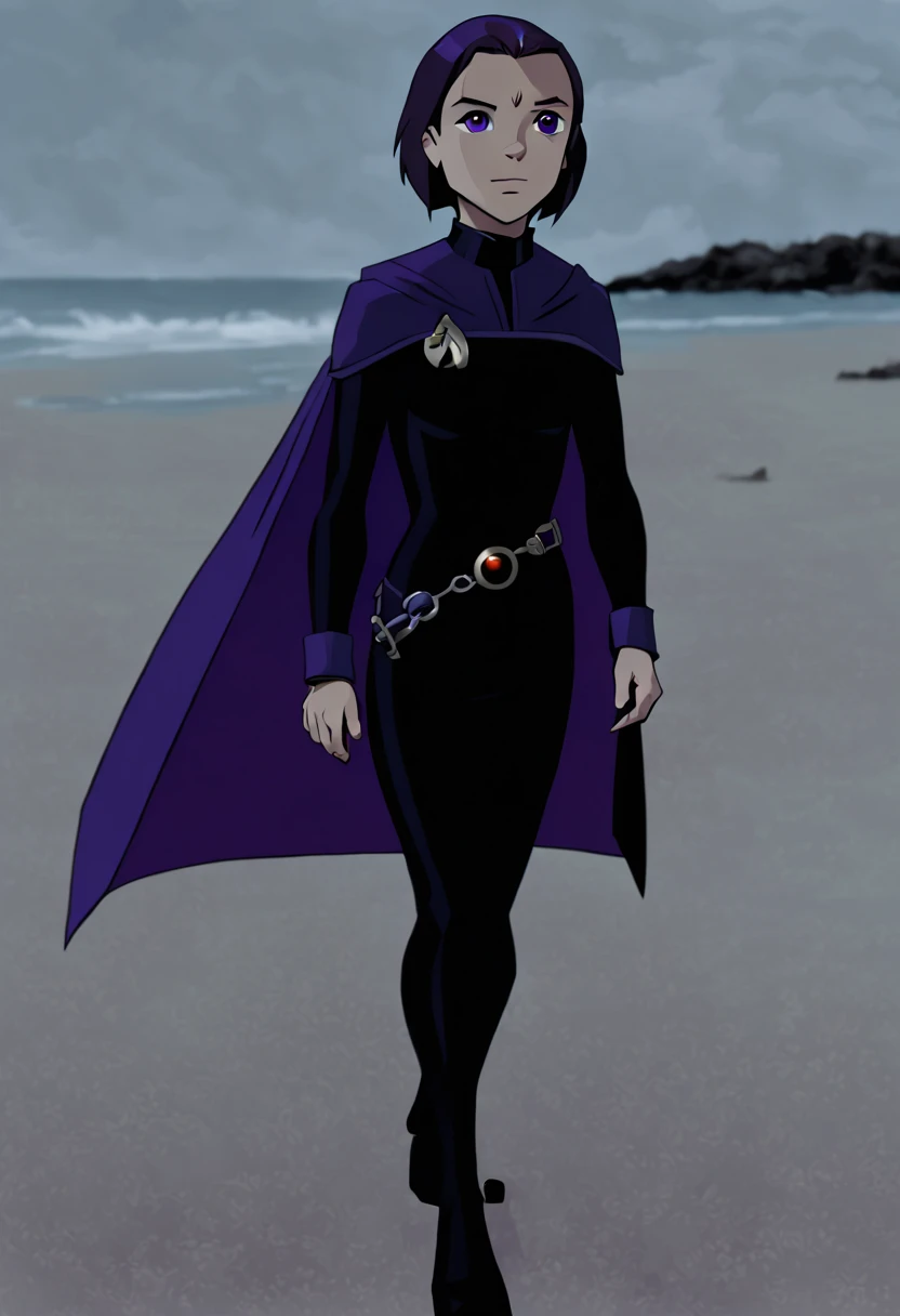 ohxw, rave12, walking on a beach, full body, cartoon, 2d, sharp, petite, cape and a purple cape ds9st uniform