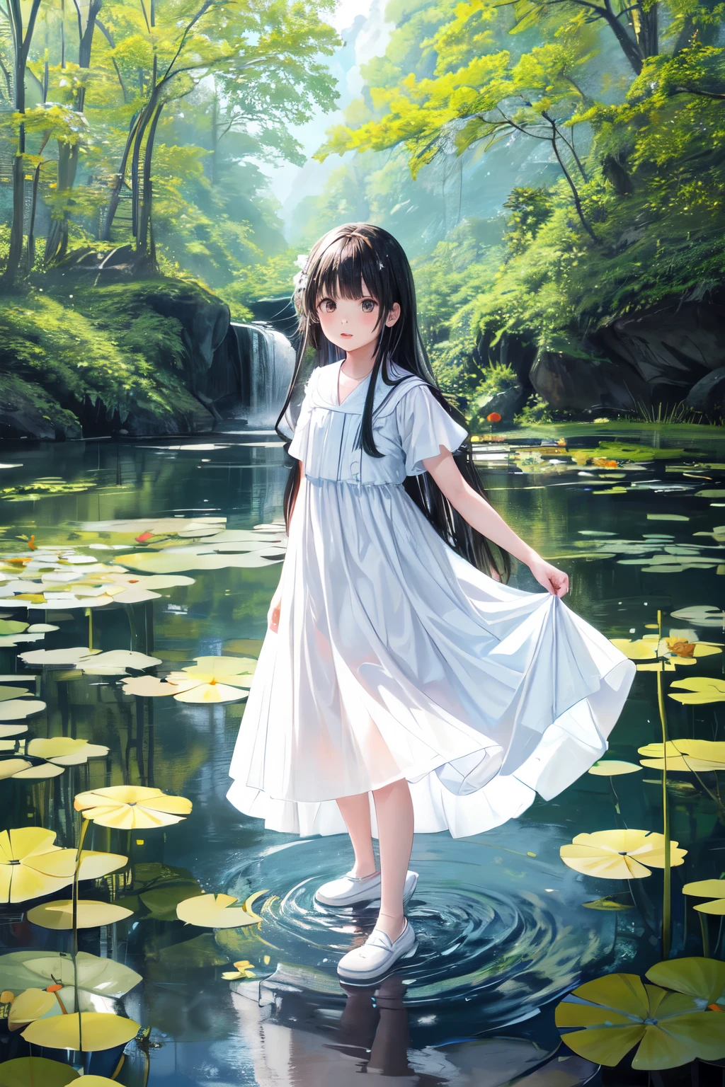 a beautiful girl in a white dress standing in a pond of water, 1girl, solo, dress, long hair, white dress, outdoors, black hair, standing, white footwear, brown eyes, full body, water, short sleeves, bangs, shoes
((kiddie, JC,littlegirl,kodomo))