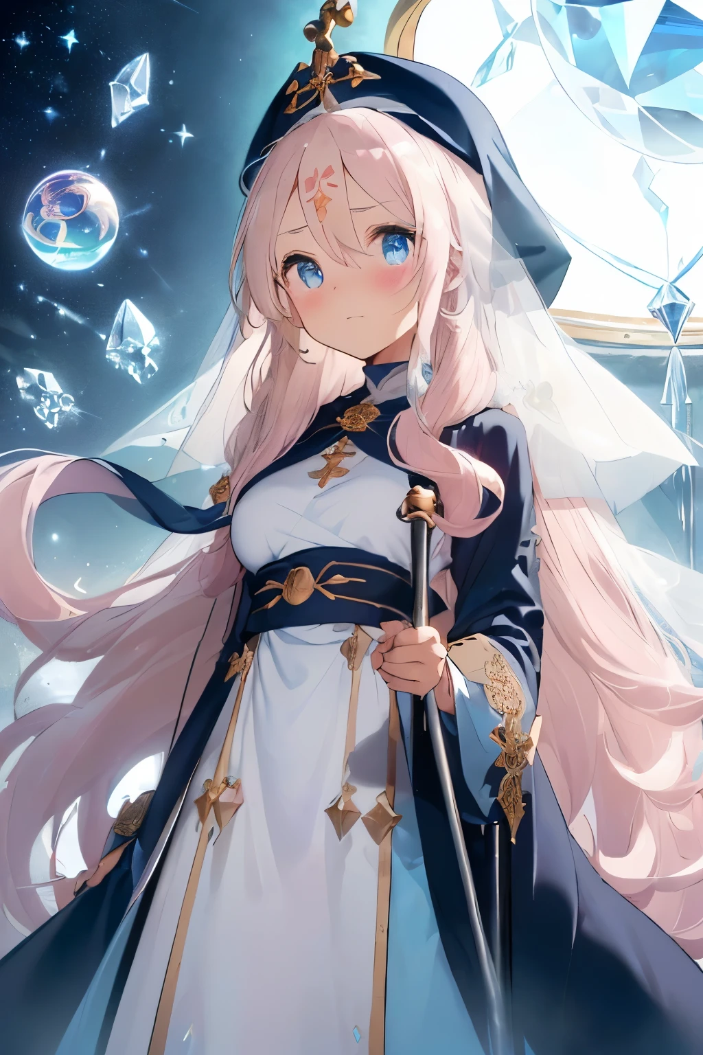 (blonde:1.2),(long hair with curls:1.25),(No bangs:1.25),(A crystal-like clear round gem in the middle of the forehead:1.3),(light pink and blue eyes:1.3),(clergyman:1.3),(White, light blue, blue, and navy blue monastic robes:1.3),(hat with a veil:1.25),(A long cane as tall as one's height:1.45),(Wand:1.35),(The tip of the cane has an oversized sphere attached to it.:1.35),(blush:1.2),(small breasts:1.45),