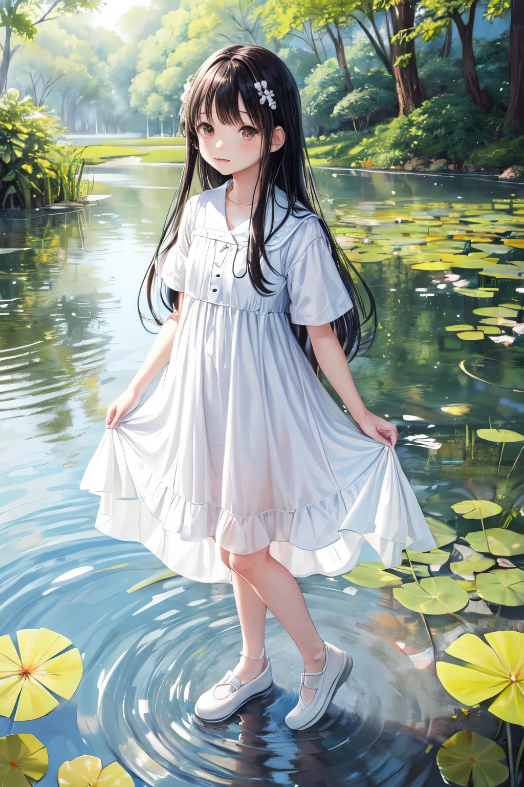 a beautiful girl in a white dress standing in a pond of water, 1girl, solo, dress, long hair, white dress, outdoors, black hair, standing, white footwear, brown eyes, full body, water, short sleeves, bangs, shoes
((die, JC,litl,kodomo))