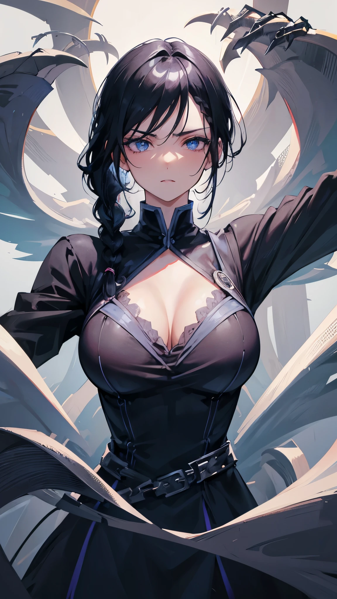 (Anime scene, arrogant girl, braided black hair, blue eyes,elegant dress with closed high collar), ((iron gloves with huge claws)), intense gaze, dramatic lighting, ornate background, confident stance, fierce expression, presence strong,highly detailed CG, unit, 8K wallpapers, highest quality, high resolution, beautiful lighting, realistic shadow,detailed face Highly,detailed eyes Highly,detailed hair Highly
