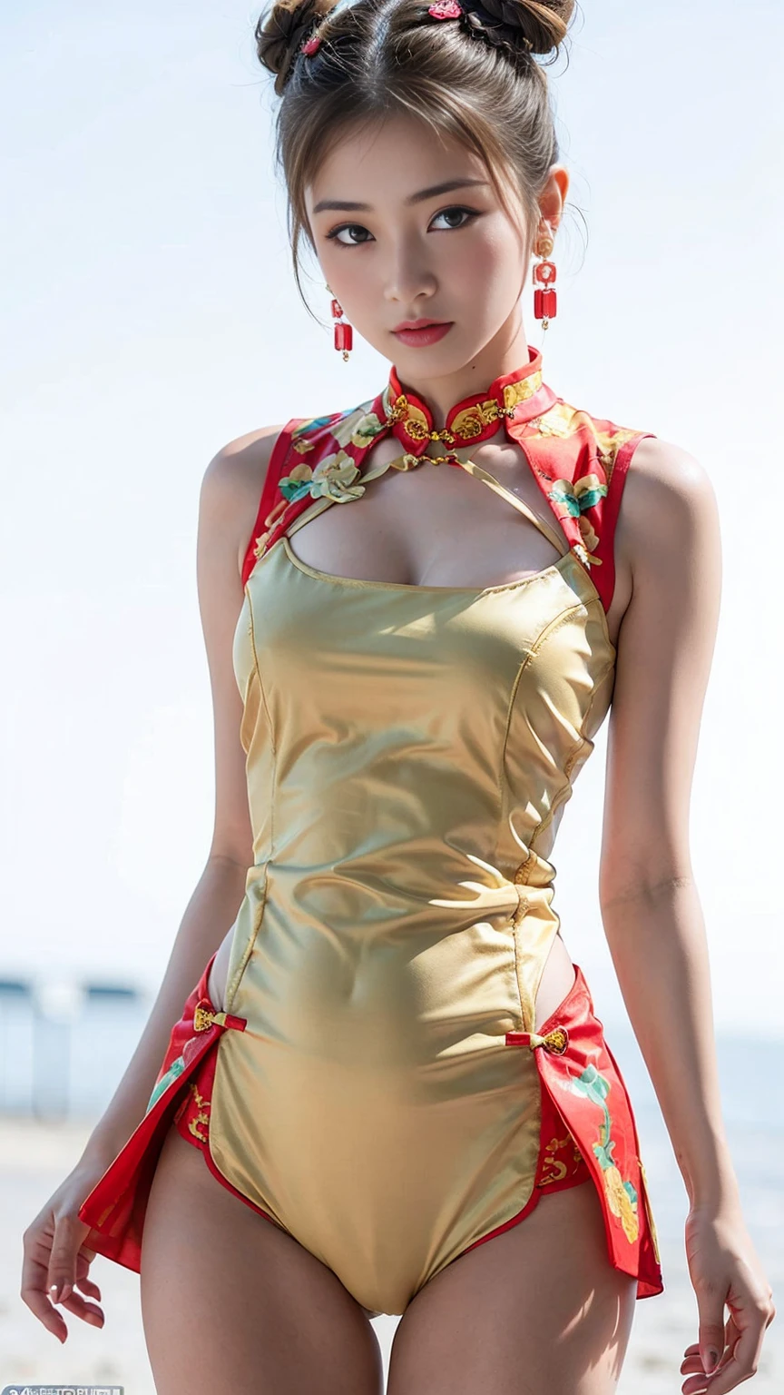 Woman in(cheongsam:1.3 ),(ultra detailed neckless), (beautiful earrings:1.3) , (white background:1.2),BREAK , 1 girl, solo, show skin, cleavage ,(Camel toes),extremely beautiful lady standing up,(looking at viewer:1.3),flat chest, intricate details, naughty, slutty, perfect hands, detailed hands, perfect eyes, detailed eyes,(blush:1.45), dynamic pose, ((Open the crotch before:1.3)), (short double bun blonde hair:1.6),(wind:1.45), realistic, HDR, UHD ,nsfw
