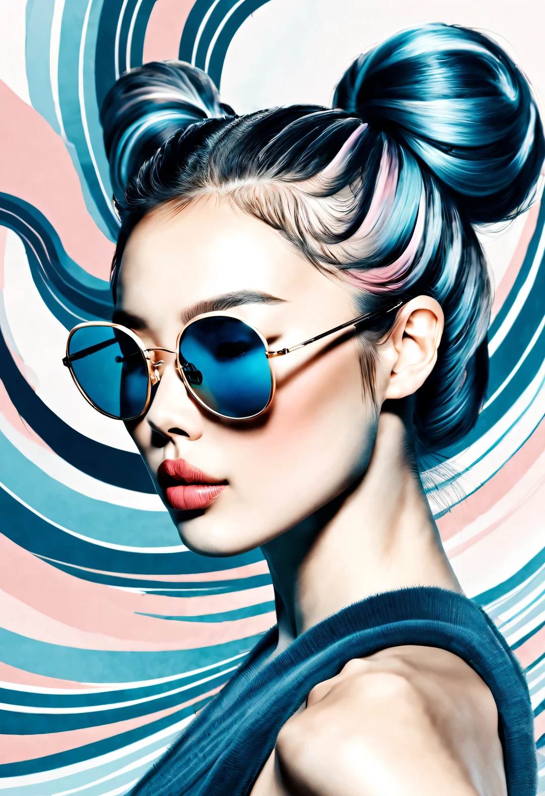 (Modern art dance simple poster design), (Half-length close-up), (Beautiful Chinese girl dancing in the air), (Wearing sunglasses and double bun hairstyle: 1.2), (Soft pink contrasts with deep navy blue), Showing the warmth and depth of winter, Both fashionable and with a touch of gentle feminine charm. Wear modern and stylish winter fashion, slim waist, high nose bridge, Head up posture, sad yet beautiful, slim figure, Exquisite facial features, correct finger,
background: briefcase dance, fog illustration, ink painting, black hair, Proud, Surrealism, contemporary art photography, action painting illustration, abstract expressionism, Pixar, depth of field, motion blur, backlight, shadow, Vignetting, Elevation viewing angle, Sony FE General Manager, ultra high definition, masterpiece, Accuracy, textured skin, Super details, high detail, high quality, Award-winning, best quality, Level, 16k, Photographed from a bottom-up perspective,