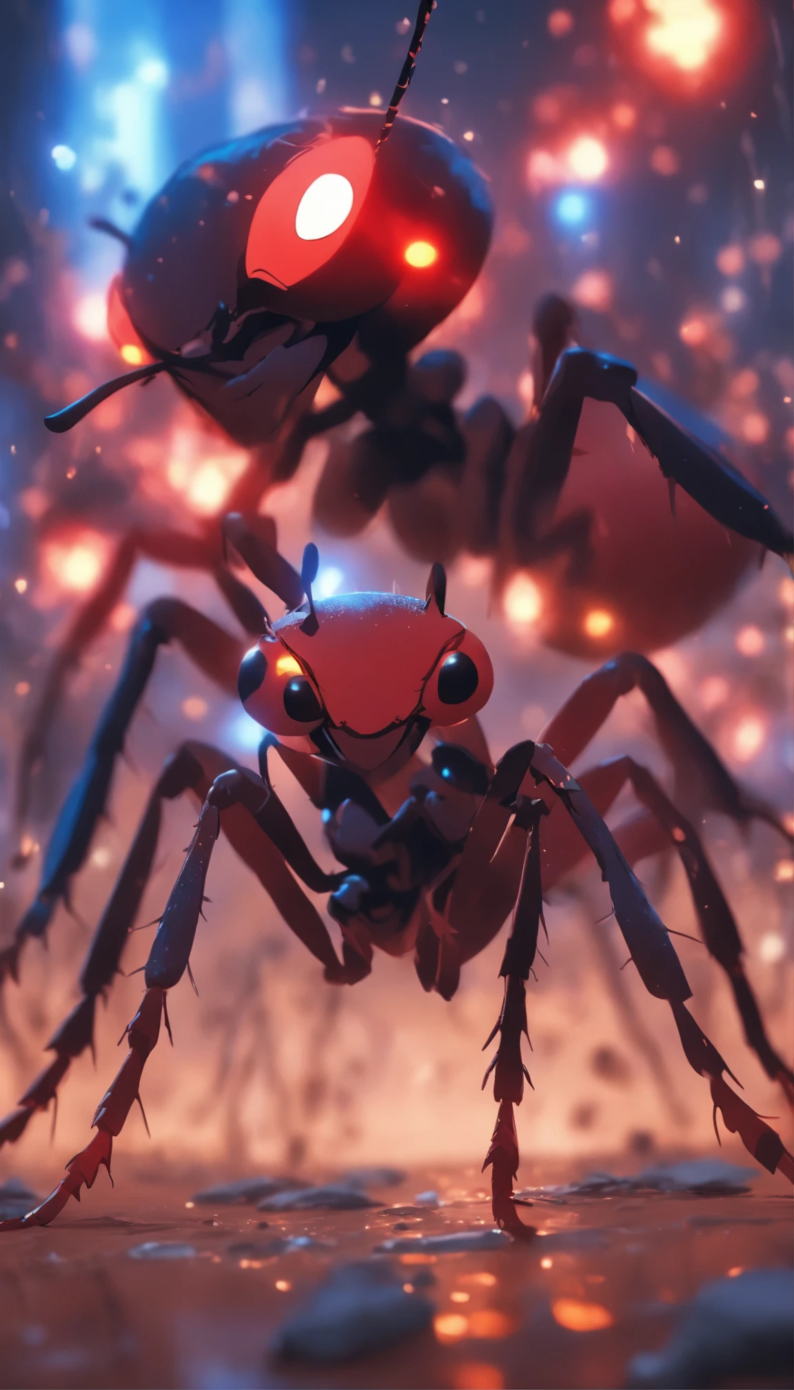 black ants and red ants fight with each others, A shadow shaped like a walker, Starry night, Thick fog on the ground, Blue light on the horizon, Unreal Engine 5, Cinematic, low angle photography, Motion blur, Depth of field, Dust, Cobblestones and dirt. Splash Art, dripping paint. Perfect color grading. Full of dramatic and threatening scenes, Hyper-detailed, Beautiful, insanely details, shot with a 50mm lens, Depth of field, Tilt Blur, Shutter speed 1/1000, f/22. Lightmaps, Super bright,