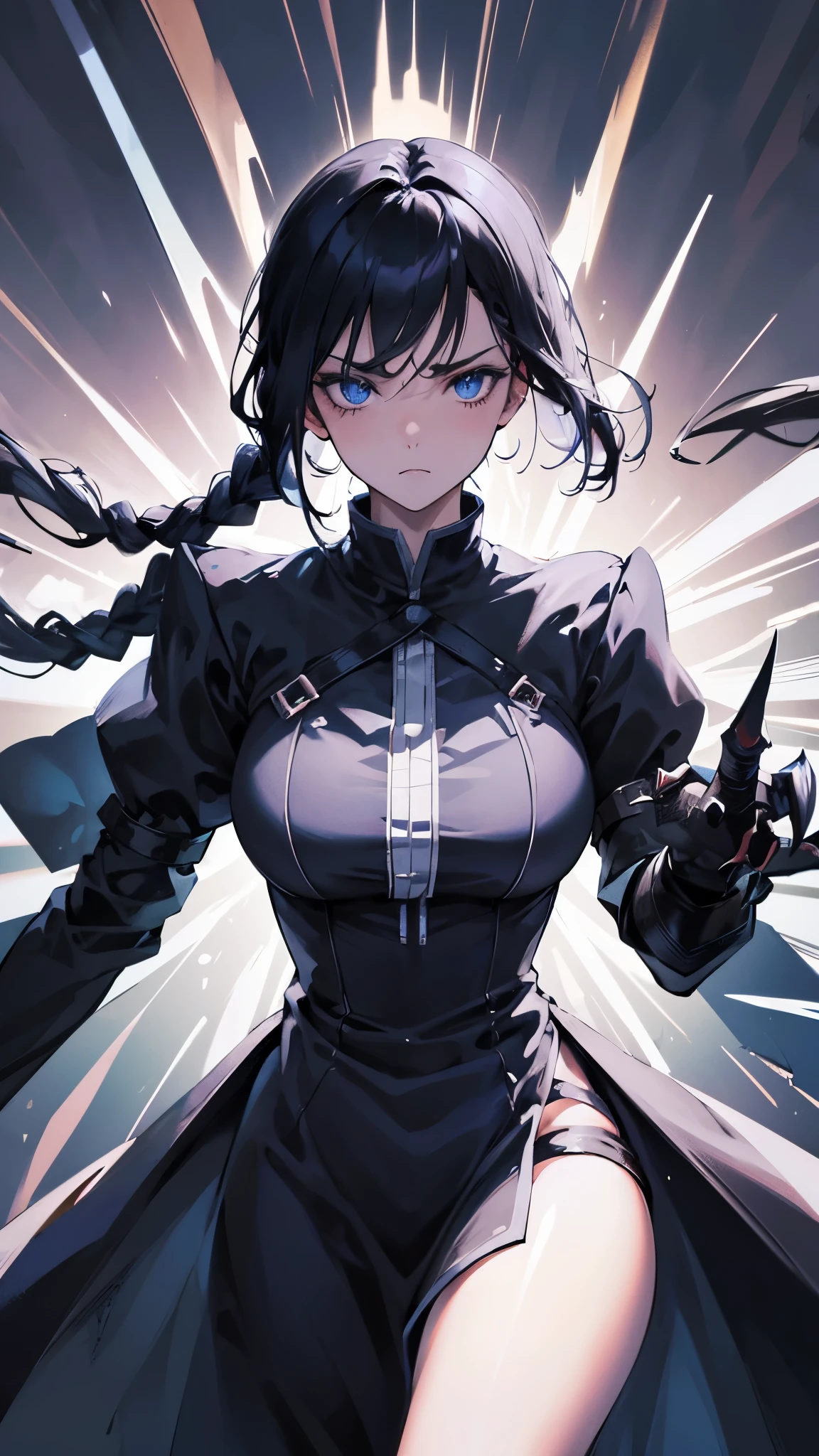 (Anime scene, arrogant girl, braided black hair, blue eyes,elegant dress with closed high collar), ((iron gloves with huge claws)), intense gaze, dramatic lighting, ornate background, confident stance, fierce expression, presence strong,highly detailed CG, unit, 8K wallpapers, highest quality, high resolution, beautiful lighting, realistic shadow,detailed face Highly,detailed eyes Highly,detailed hair Highly