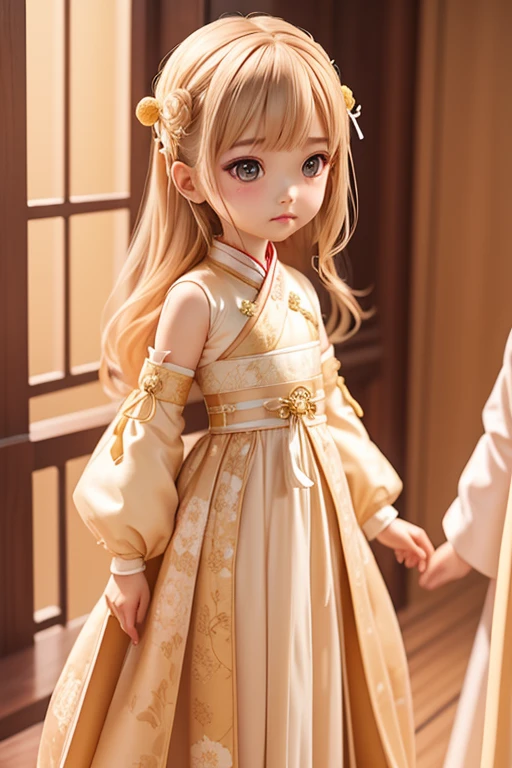 with a girl, Little、amber, , medium pastel beige, luxury fabric、hanfu dress
