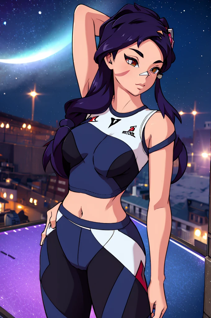 Erisa, tight pants, sportswear, butt, seductive, thick thighs, night sky view, realistic, best quality, masterpiece, ultra detail, ultra high res, extreme detail