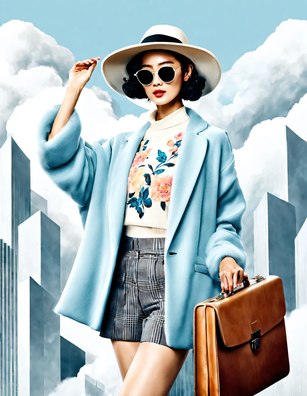 (Modern art dance simple poster design), (Half-length close-up), (Beautiful Chinese girl waving briefcase in the air,), (Wearing sunglasses and a hat: 1.2), Characterized by exquisite details and layering, The pastel tones of a light blue jacket and an off-white floral sweater blend together, Black and white plaid pants also have a sharp contrast, Create an elegant and modern urban style, Wear modern and stylish winter fashion, slim waist, high nose bridge, look up姿势, sad but beautiful, slender figure, Exquisite facial features, swirling fog illustration, ink painting, black hair, Princess curly long hair, Proudly, Surrealism, contemporary art photography, action illustration, abstract expressionism, Pixar, depth of field, motion blur, backlight, Fall out, decline, look up, Sony FE General Manager, ultra high definition, masterpiece, Accuracy, textured skin, Super details, high detail, high quality, Award-winning, best quality, grade, 16k, Photographed from a bottom-up angle,
