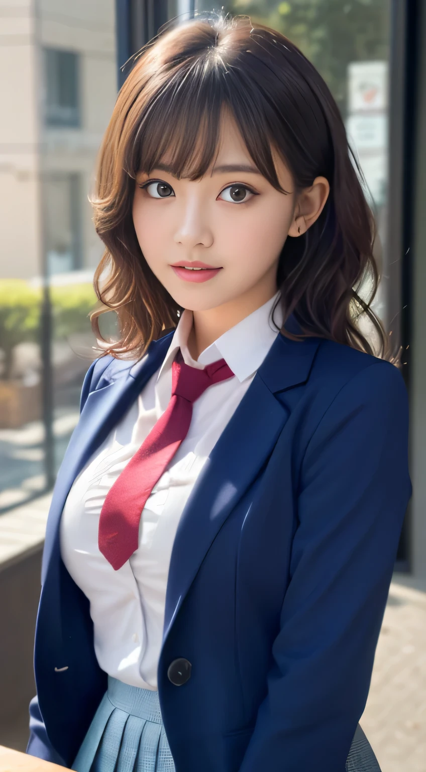 8K, highest quality, real image, intricate details, Super detailed, ultra high resolution, depth field,(realistic,realistic:1.2),table top , frontal shot , From the middle , 1 girl, eye_Chan, very beautiful 17 year old girl, innocent big eyes,、beautiful breasts:1.5、非常に詳細なeye:1.2)、(beautiful breasts:1.1)、wavy hair、curly hair、bangs、, perfect skin, Fair skin, huge breasts、anxious look、cleavage, tight waist, light blush, alone, looking at the viewer, light smile, ((School_uniform),(dark blue blazer), (white shirt、Wearing a tie), (gray pleated skirt), (sculpture installation :1.1)
