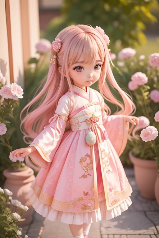 with a girl, Little、amber, , medium pastel pink, luxury fabric、hanfu dress