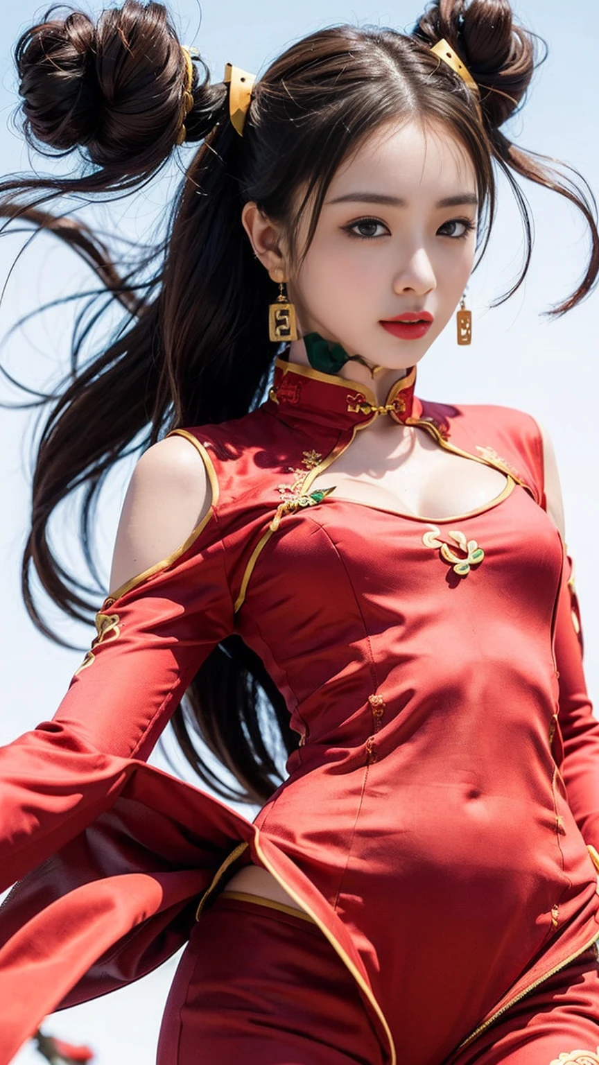Woman in(red cheongsam:1.3 ),(ultra detailed neckless), (beautiful earrings:1.3) , (white background:1.2),BREAK , 1 girl, solo, show skin, cleavage ,extremely beautiful lady standing up,(looking at viewer:1.3),flat chest, intricate details, naughty, slutty, perfect hands, detailed hands, perfect eyes, detailed eyes,(blush:1.45), dynamic pose, ((Open the crotch before:1.3)), (long double bun hair:1.6),(wind:1.45), realistic, HDR, UHD ,nsfw