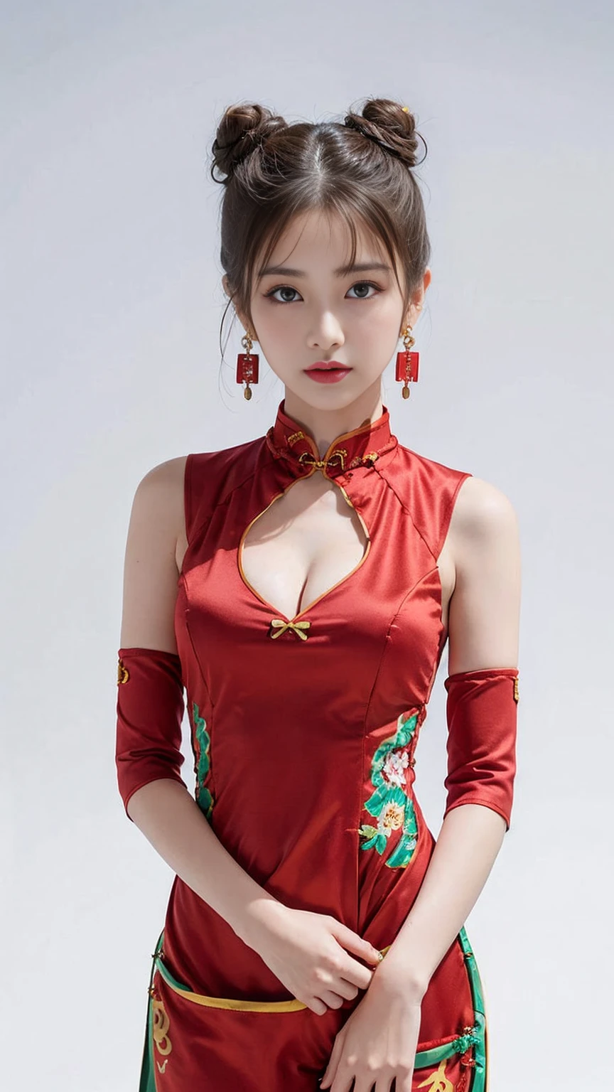 Woman in(red cheongsam:1.3 ),(ultra detailed neckless), (beautiful earrings:1.3) , (white background:1.2),BREAK , 1 girl, solo, show skin, cleavage ,extremely beautiful lady standing up,(looking at viewer:1.3),flat chest, intricate details, naughty, slutty, perfect hands, detailed hands, perfect eyes, detailed eyes,(blush:1.45), dynamic pose, ((Open the crotch before:1.3)), (long double bun hair:1.6),(wind:1.45), realistic, HDR, UHD ,nsfw