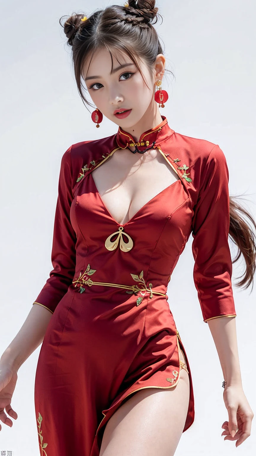 Woman in(red cheongsam:1.3 ),(ultra detailed neckless), (beautiful earrings:1.3) , (white background:1.2),BREAK , 1 girl, solo, show skin, cleavage ,extremely beautiful lady standing up,(looking at viewer:1.3),flat chest, intricate details, naughty, slutty, perfect hands, detailed hands, perfect eyes, detailed eyes,(blush:1.45), dynamic pose, ((Open the crotch before:1.3)), (long double bun hair:1.6),(wind:1.45), realistic, HDR, UHD ,nsfw