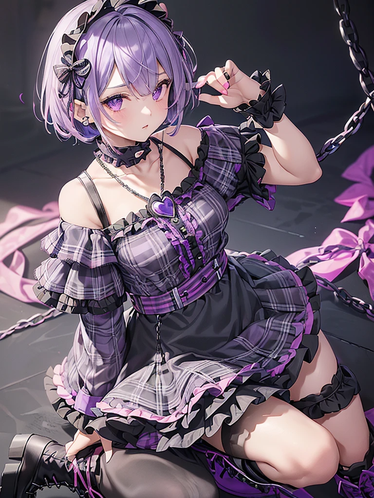masterpiece, best quality, ultra-detailed,
Rem, re zero, Blue hair, Short bob hair,
(wearing black shirt with light
purple lace collar:1.3),(black shirt
with pink heart-shaped pin:1.3),(chain
necklace:1.2),
(black and gray plaid skirt with
frills and studs:1.3).
(black and pink shoes:1.2),
(wearing lilac open shoulder
blouse with frills:1.4)
(gray and black plaid skirt:1.4).
(black chorker:1.2)
(purple shoelaces, black platform
boots:1.3),(purple and black stripes knee
socks:1.3),