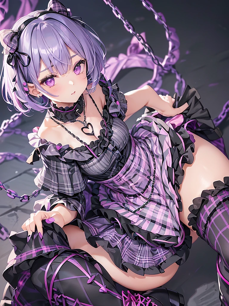 masterpiece, best quality, ultra-detailed,
Rem, re zero, Blue hair, Short bob hair,
(wearing black shirt with light
purple lace collar:1.3),(black shirt
with pink heart-shaped pin:1.3),(chain
necklace:1.2),
(black and gray plaid skirt with
frills and studs:1.3).
(black and pink shoes:1.2),
(wearing lilac open shoulder
blouse with frills:1.4)
(gray and black plaid skirt:1.4).
(black chorker:1.2)
(purple shoelaces, black platform
boots:1.3),(purple and black stripes knee
socks:1.3),
