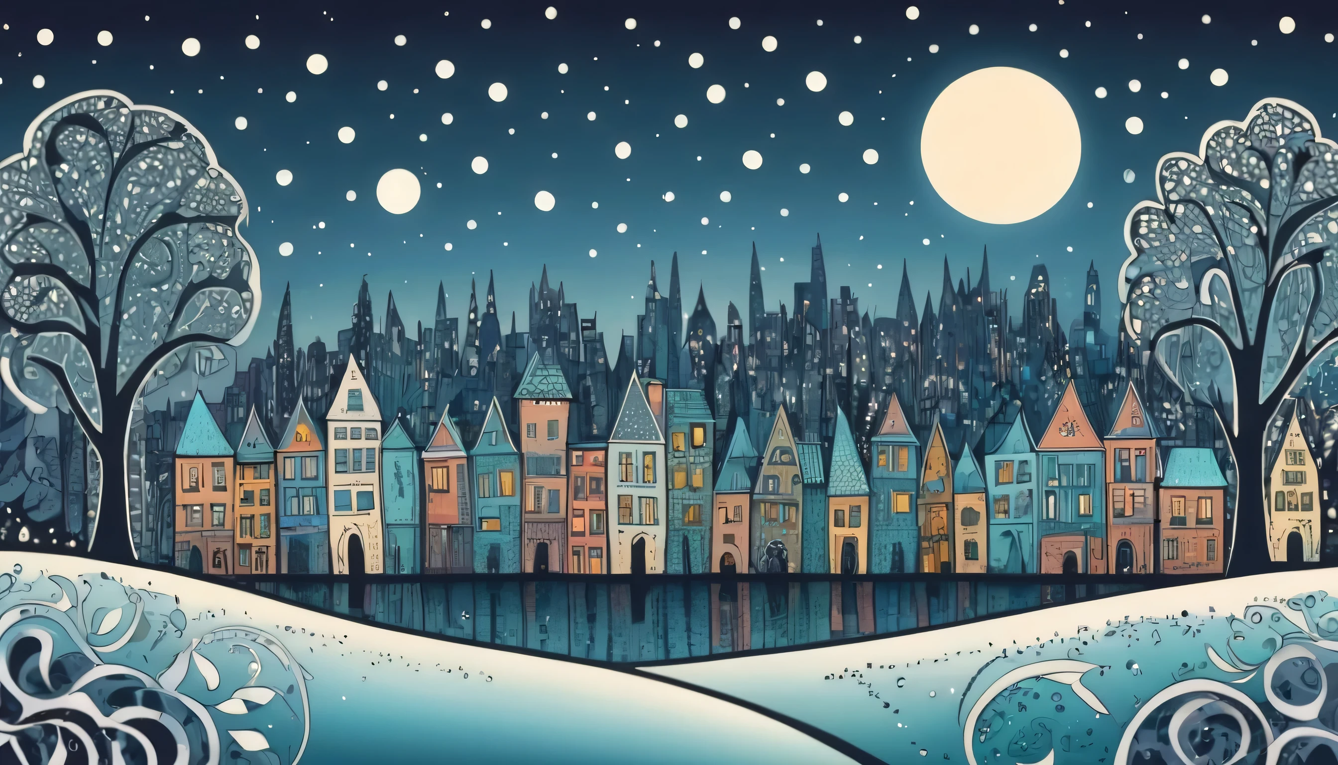 winter City Night View in a zentangle style.