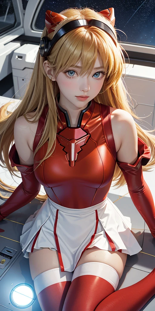 (top view),dynamic angle,Super detailed, illustration, close up, direct, 1 girl, 
 ((Soryu Asuka Langley, Interface headset, Red tights:1.4, blonde)),Her eyes shone like fantastic stars,(glowing eyes:1.233),(Beautiful and delicate eyes:1.1),(Poker face,Keep your mouth shut),(permanent), 
(Mechanical room with tools and spaceship windows in white spaceship),
(night:1.2),fantastic, [[slender fingers and hands:0.55]::0.85],(Detail fingers),