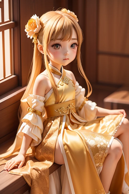 with a girl, 、amber, , medium pastel gold, luxury fabric、Hanfu dress waiting to start