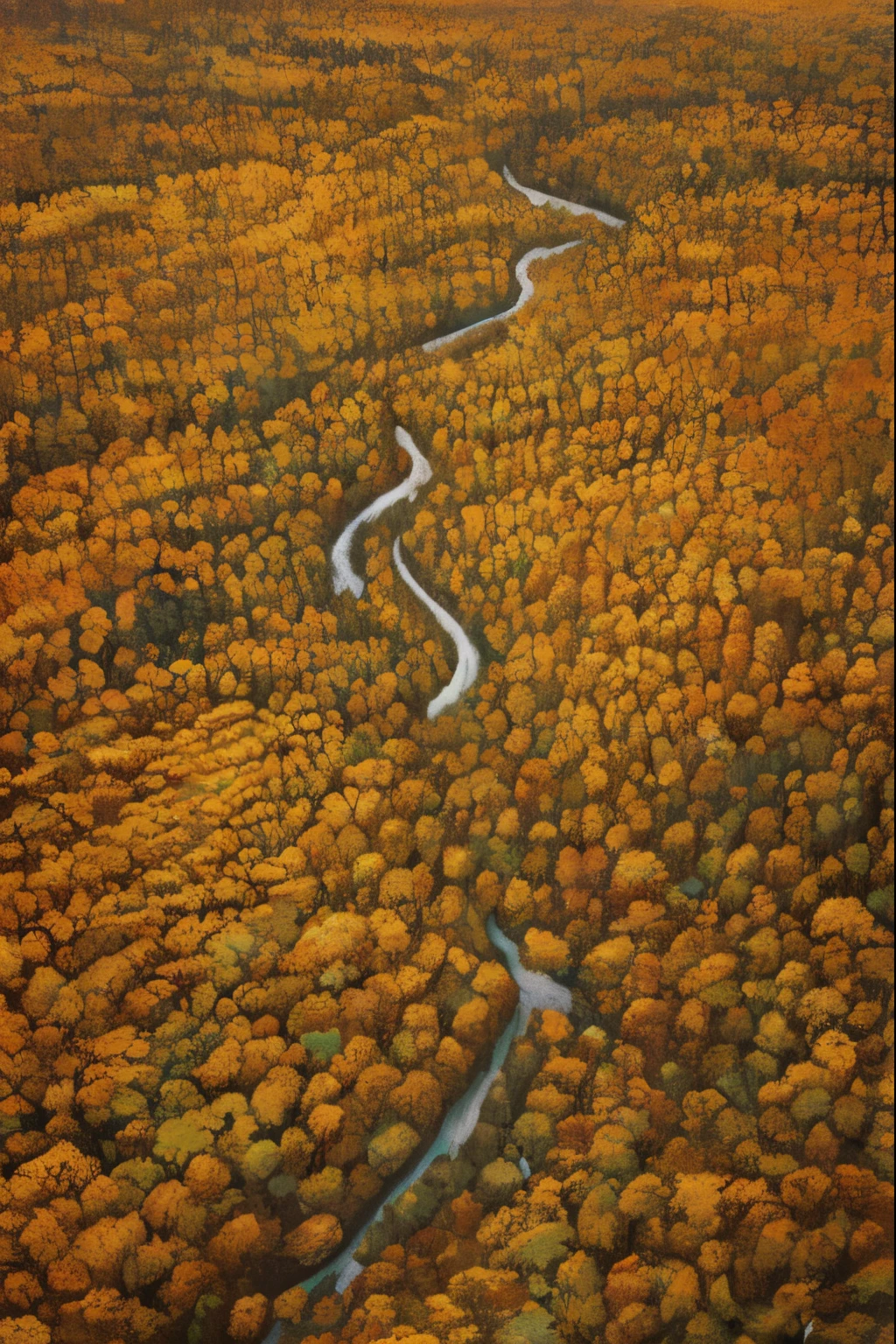A creek through the autumn forest, fantasy, Illustrator style, Aerial view, HD, detail