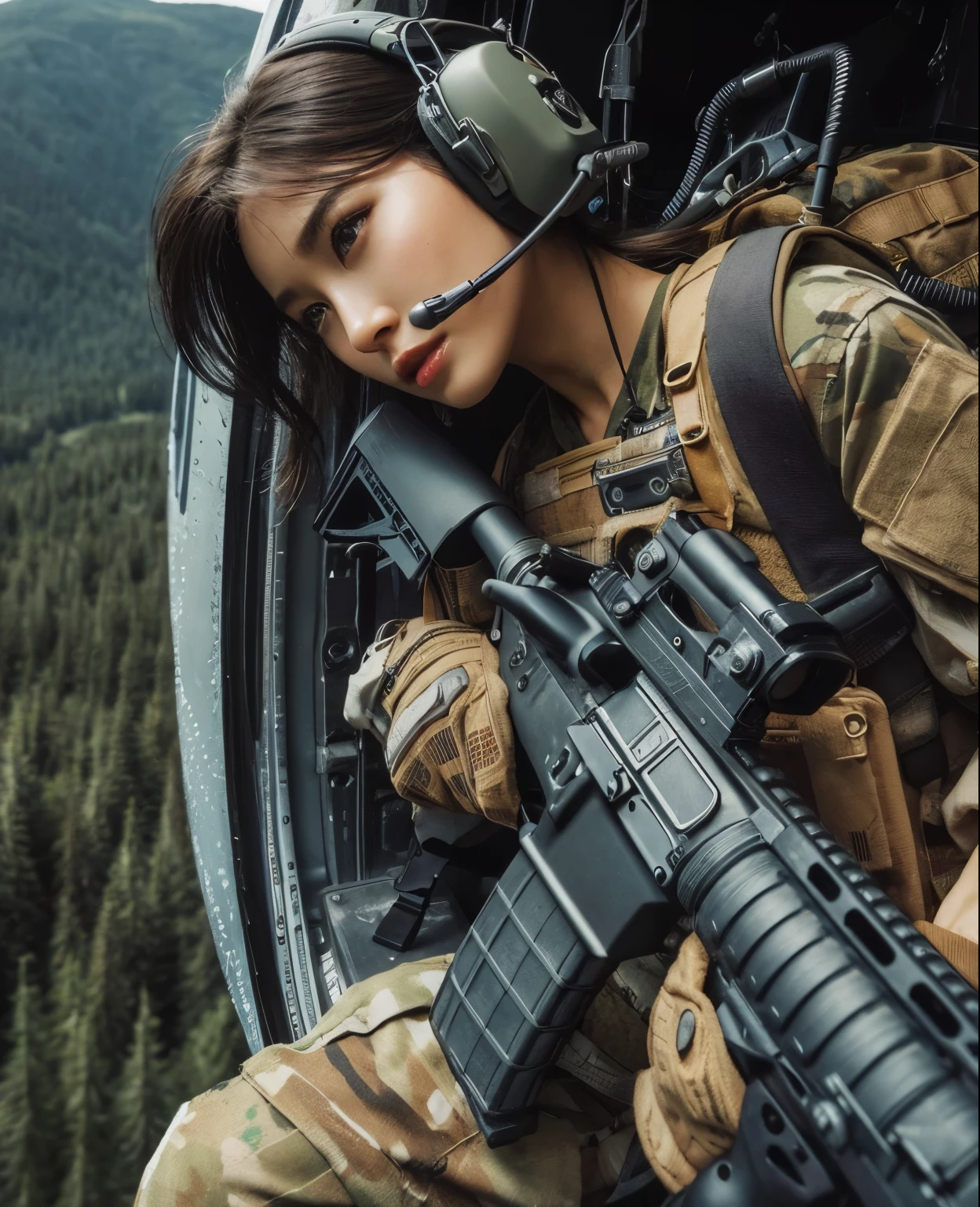 photorealistic、realistic skin texture、automatic rifle、