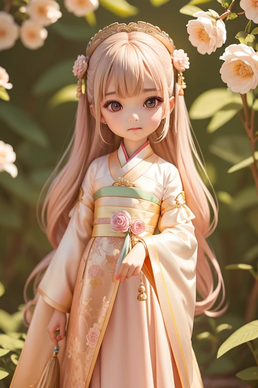 with a girl, Little、amber, , medium pastel pink, luxury fabric、hanfu dress