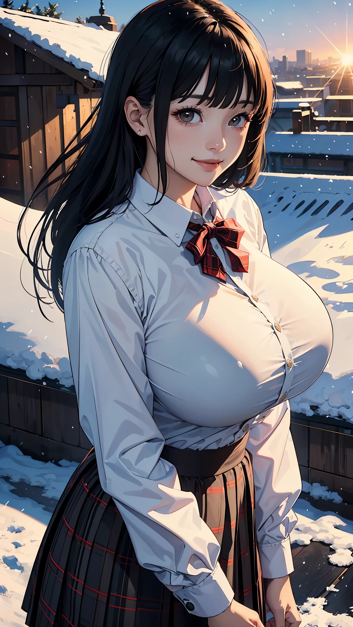 (masterpiece:1.4)、(highest quality:1.4)、ultra high resolution、beautiful features、20 year old woman、black long hair、blunt bangs、brown eyes、gray long sleeve collared shirt、Plaid skirt、(huge breasts:1.2)、red face、smile、it's snowing、rooftop、sunrise、The snow reflects the sunlight、natural lighting、deep shadow lighting